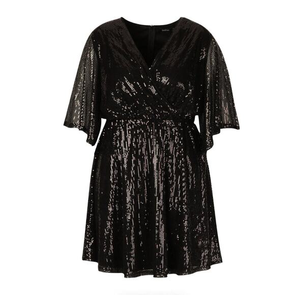 Boohoo Size 18 Sequin Kimono Sleeve Skater Dress Black Cocktail Party - Picture 1 of 14